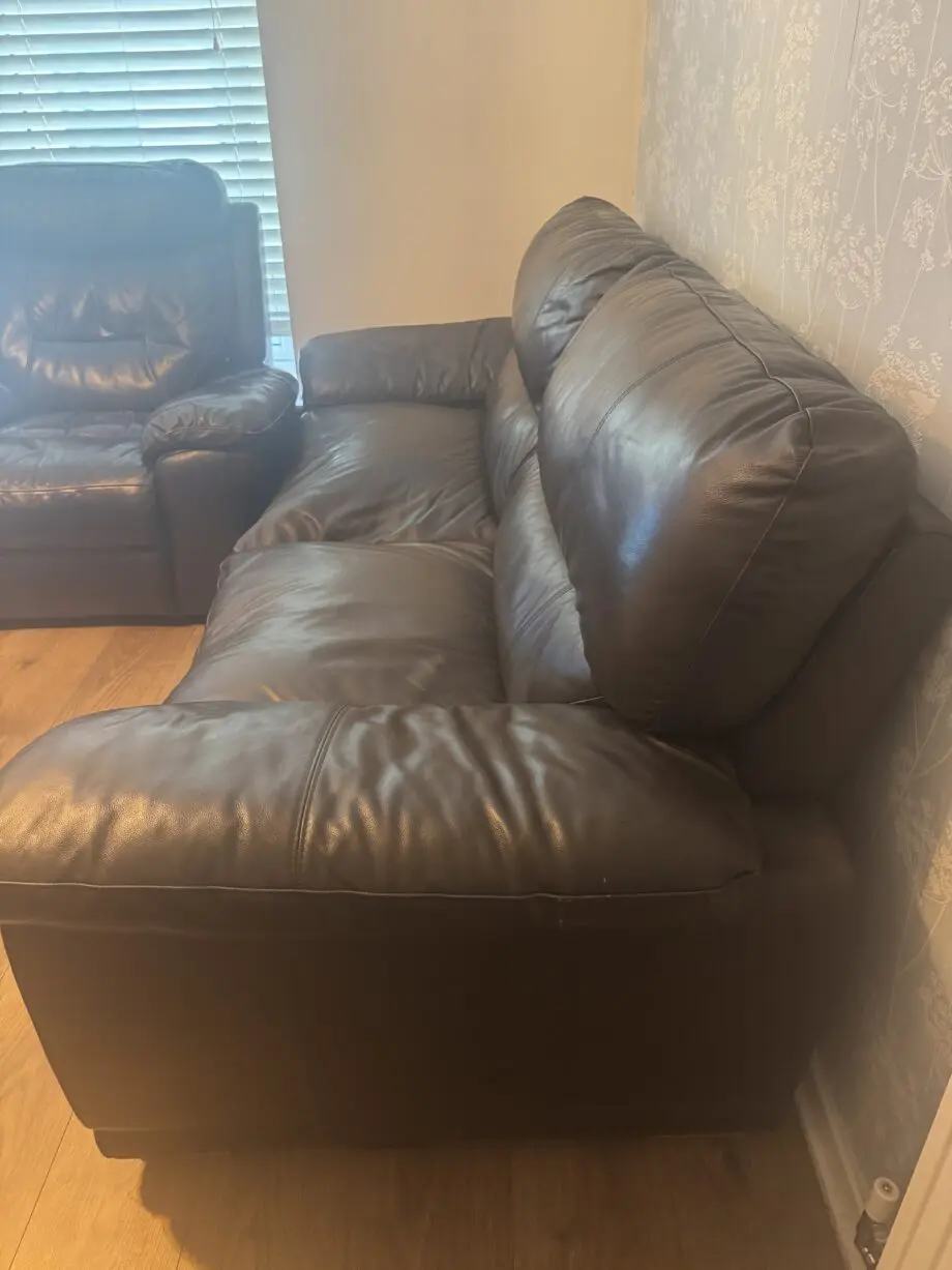 Brown leather 3 seater, 2 seater and a recliner sofa