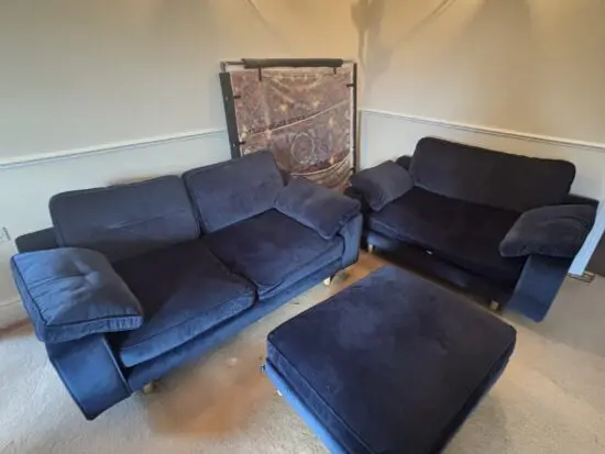 DFS Grand Designs Kent Velvet Blue 3 Seater Sofa, Cuddler & Footstool