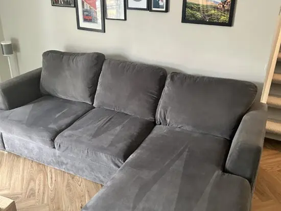 DFS Grey Large L shape sofa and cuddle chair with half moon footstool