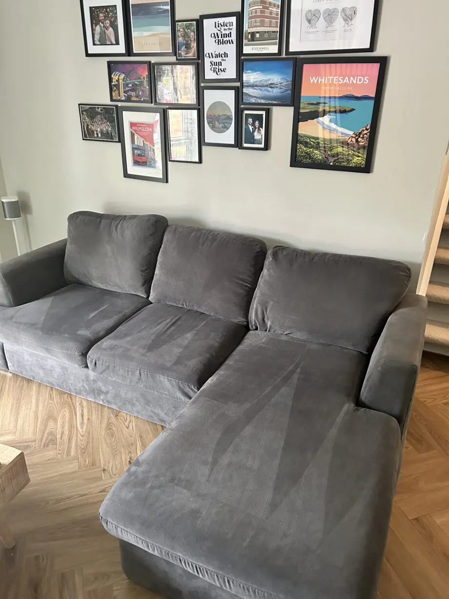 DFS Grey Large L shape sofa and cuddle chair with half moon footstool