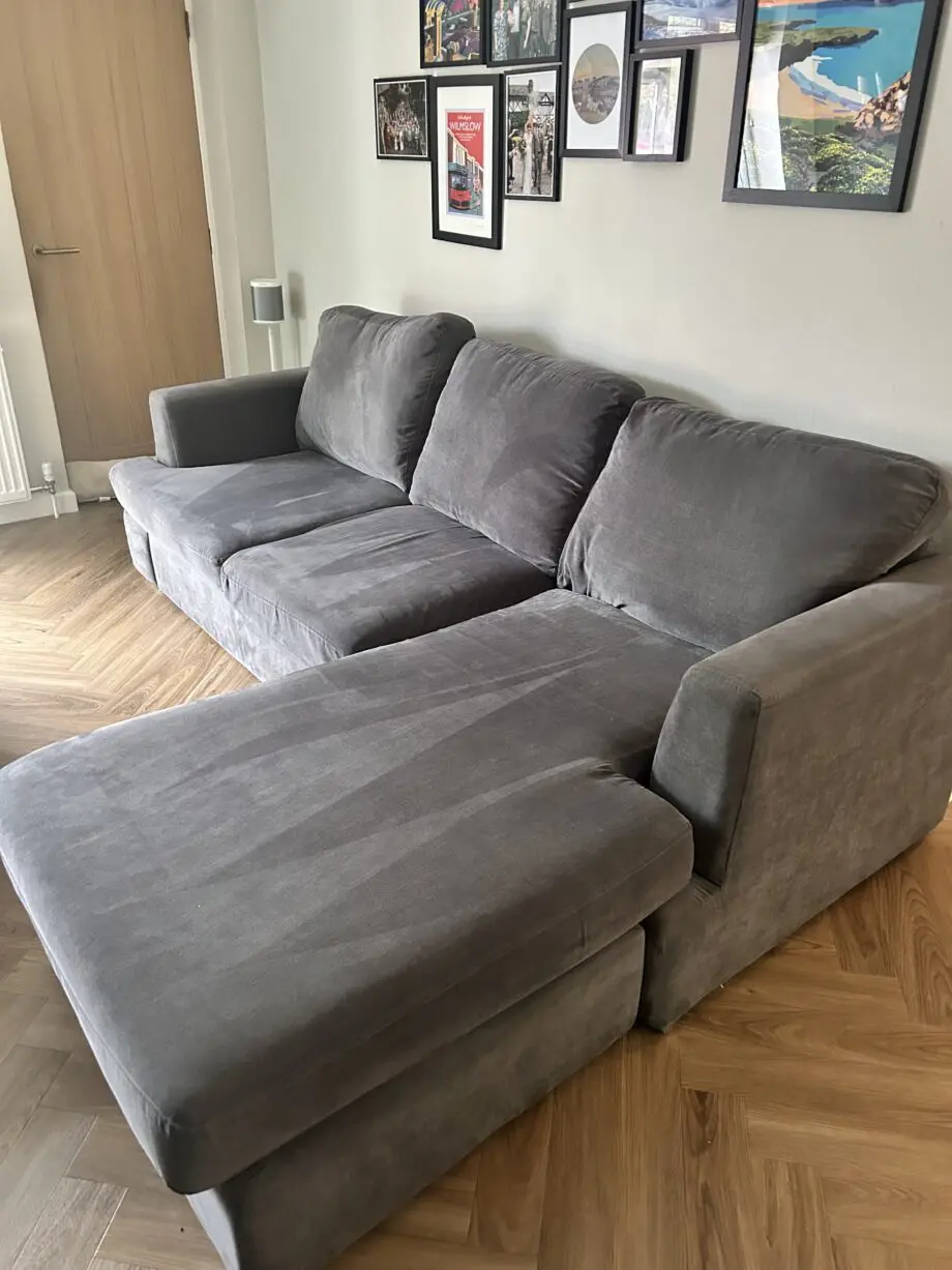 DFS Grey Large L shape sofa and cuddle chair with half moon footstool