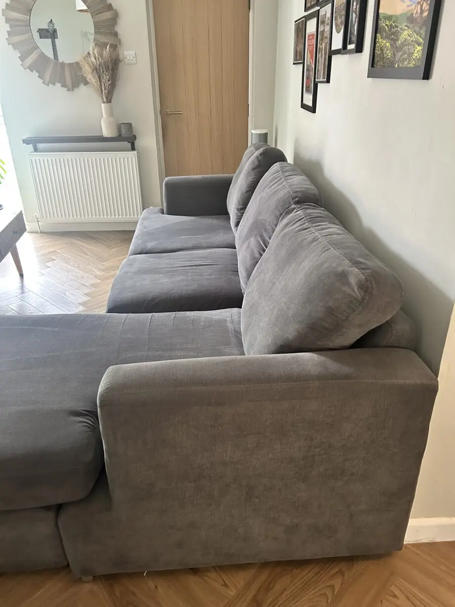 DFS Grey Large L shape sofa and cuddle chair with half moon footstool
