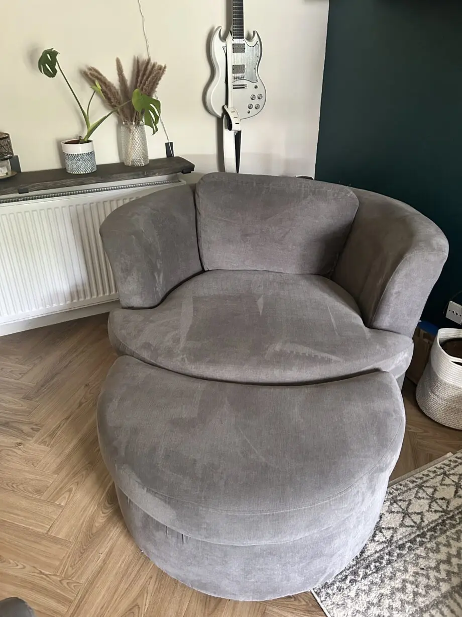 DFS Grey Large L shape sofa and cuddle chair with half moon footstool