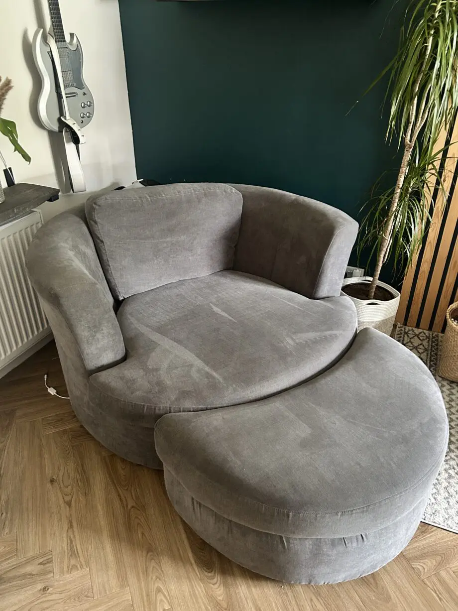 DFS Grey Large L shape sofa and cuddle chair with half moon footstool