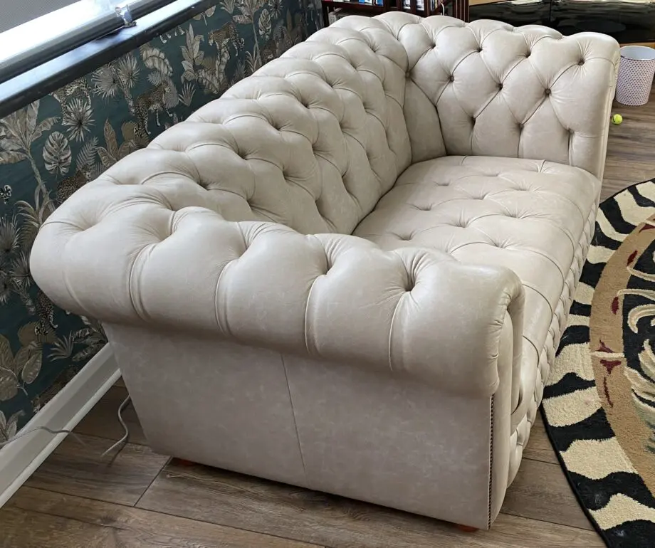 Saxon Chesterfield Stanhope 4 and 2 Seater plus Pouffe Box Etna Cream