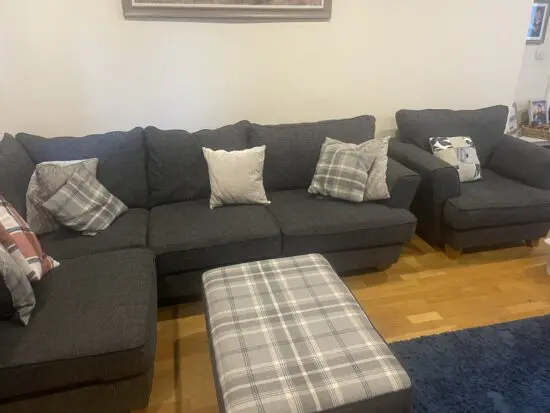 SCS Blue Material Corner Sofa with 3 seater sofa, chair and footstool