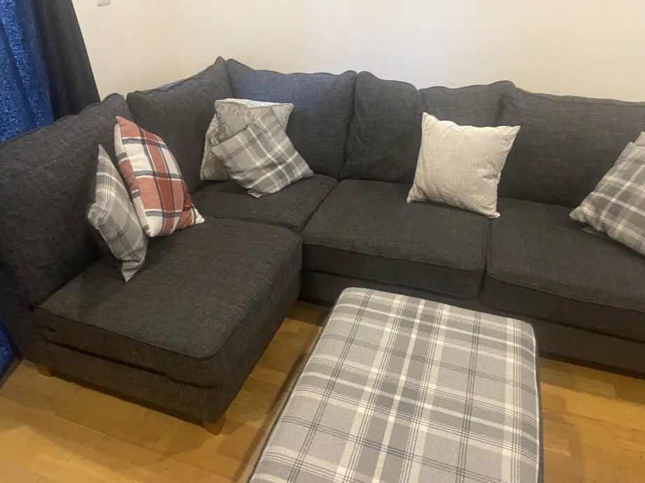 SCS Blue Material Corner Sofa with 3 seater sofa, chair and footstool