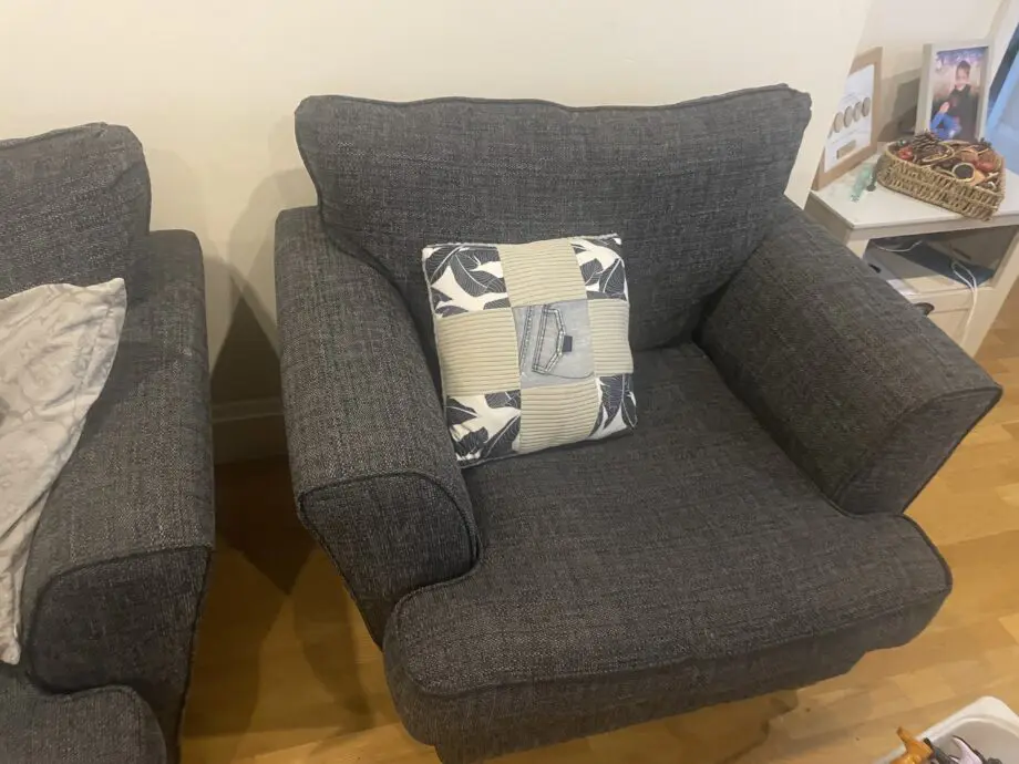 SCS Blue Material Corner Sofa with 3 seater sofa, chair and footstool