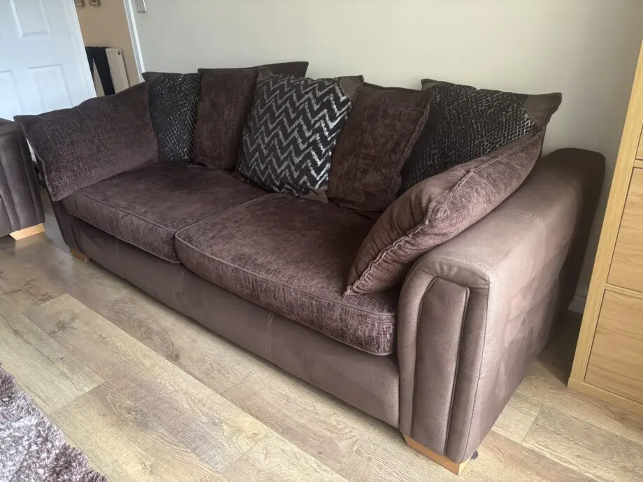 DFS Madison 4 seater scatter back chocolate brown with silver accent sofas x2