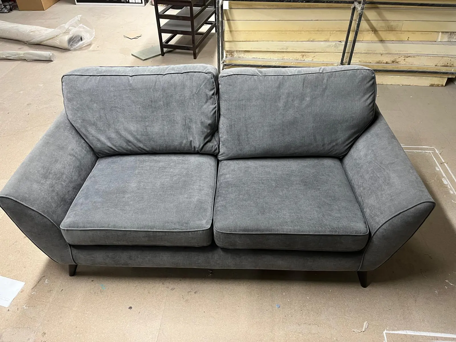 Grey 2 Seater Fabric Sofa with Dark Wooden Legs