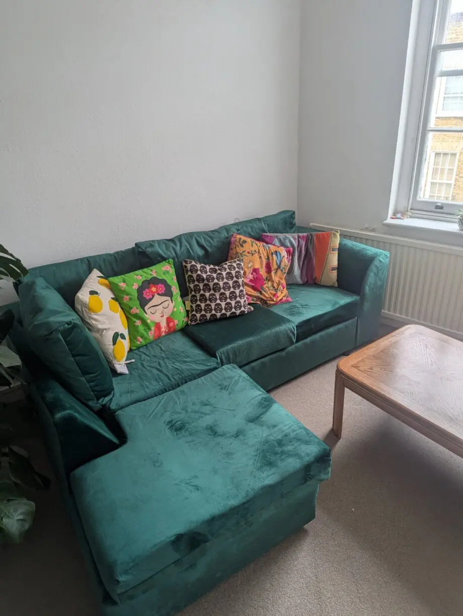 Brand new emerald green velvet L-shaped sofa (Left as facing)
