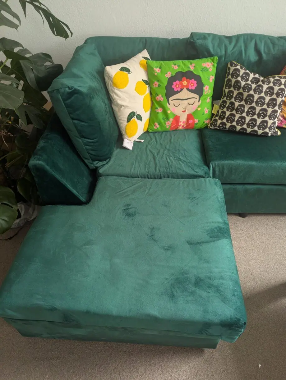 Brand new emerald green velvet L-shaped sofa (Left as facing)