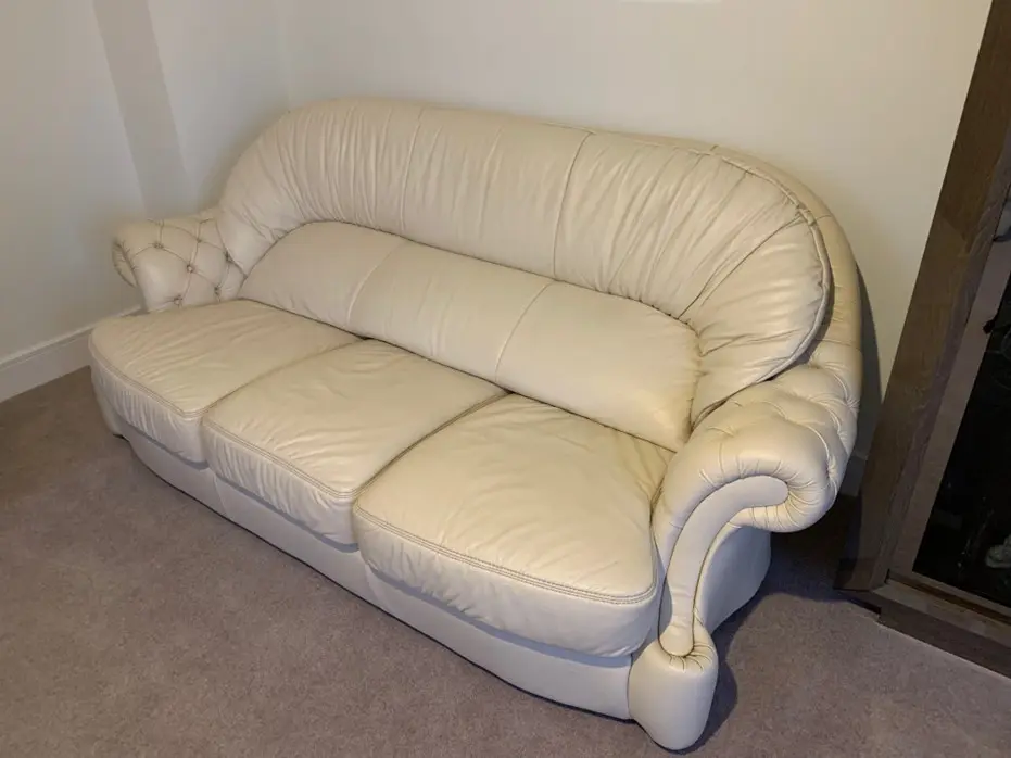DFS / Wilmslow ivory leather sofa / 2 chairs & Pouffe