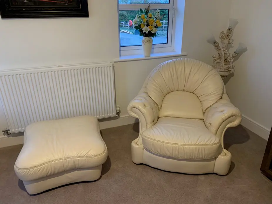DFS / Wilmslow ivory leather sofa / 2 chairs & Pouffe