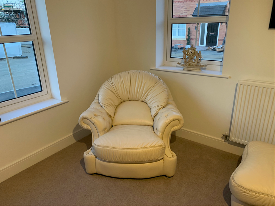 DFS / Wilmslow ivory leather sofa / 2 chairs & Pouffe