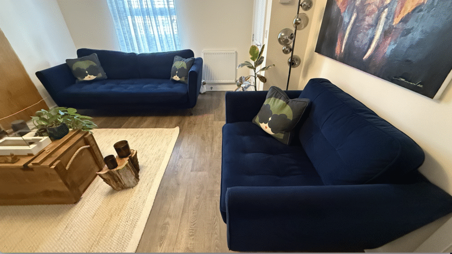 Orla Kiely Ivy Snuggler Chair and Large Sofa -Glyde Indigo with American Walnut legs