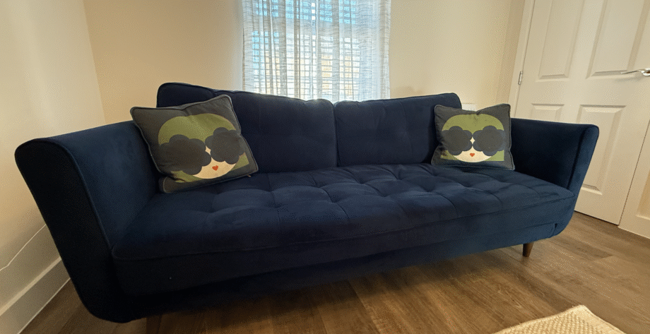 Orla Kiely Ivy Snuggler Chair and Large Sofa -Glyde Indigo with American Walnut legs