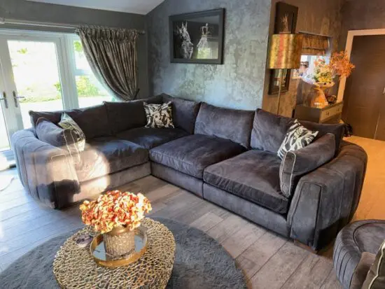 SOFOLOGY EMPEROR CHARCOAL CORNER SOFA, LOVESEAT CHAIR & FOOTSTOOL