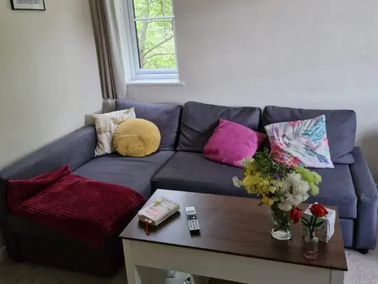 Dark grey Ikea sofa bed with storage