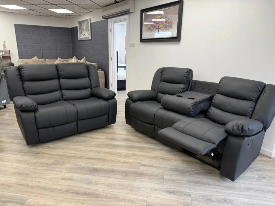 Black | Leather Recliner Sofa 3+2 Seater With Cup Holders