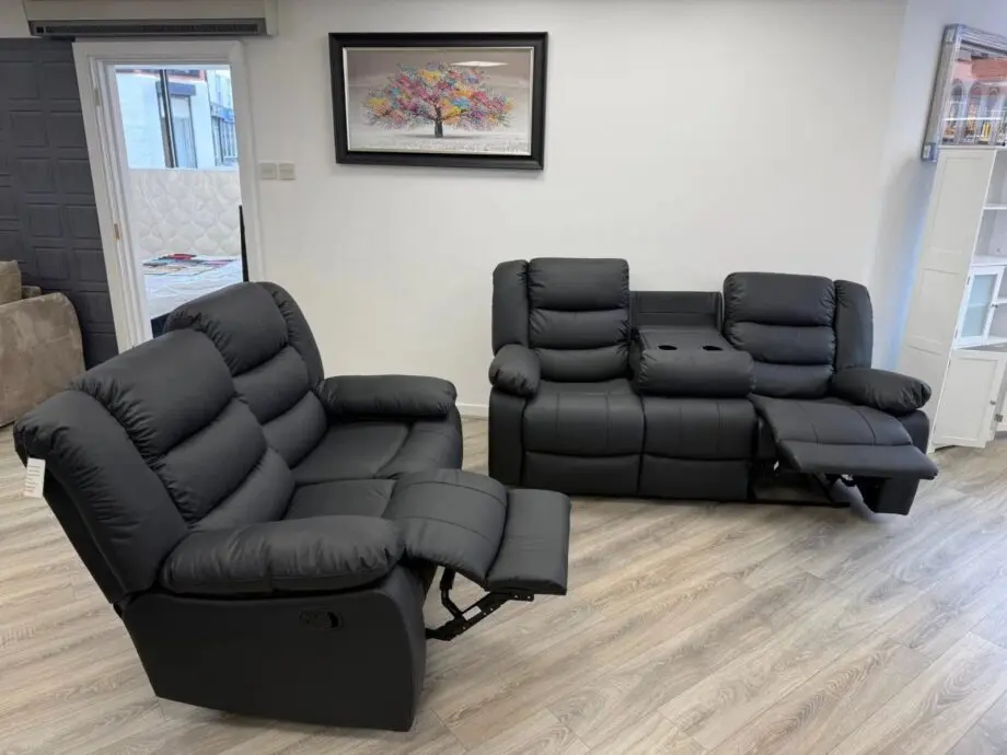 Black | Leather Recliner Sofa 3+2 Seater With Cup Holders