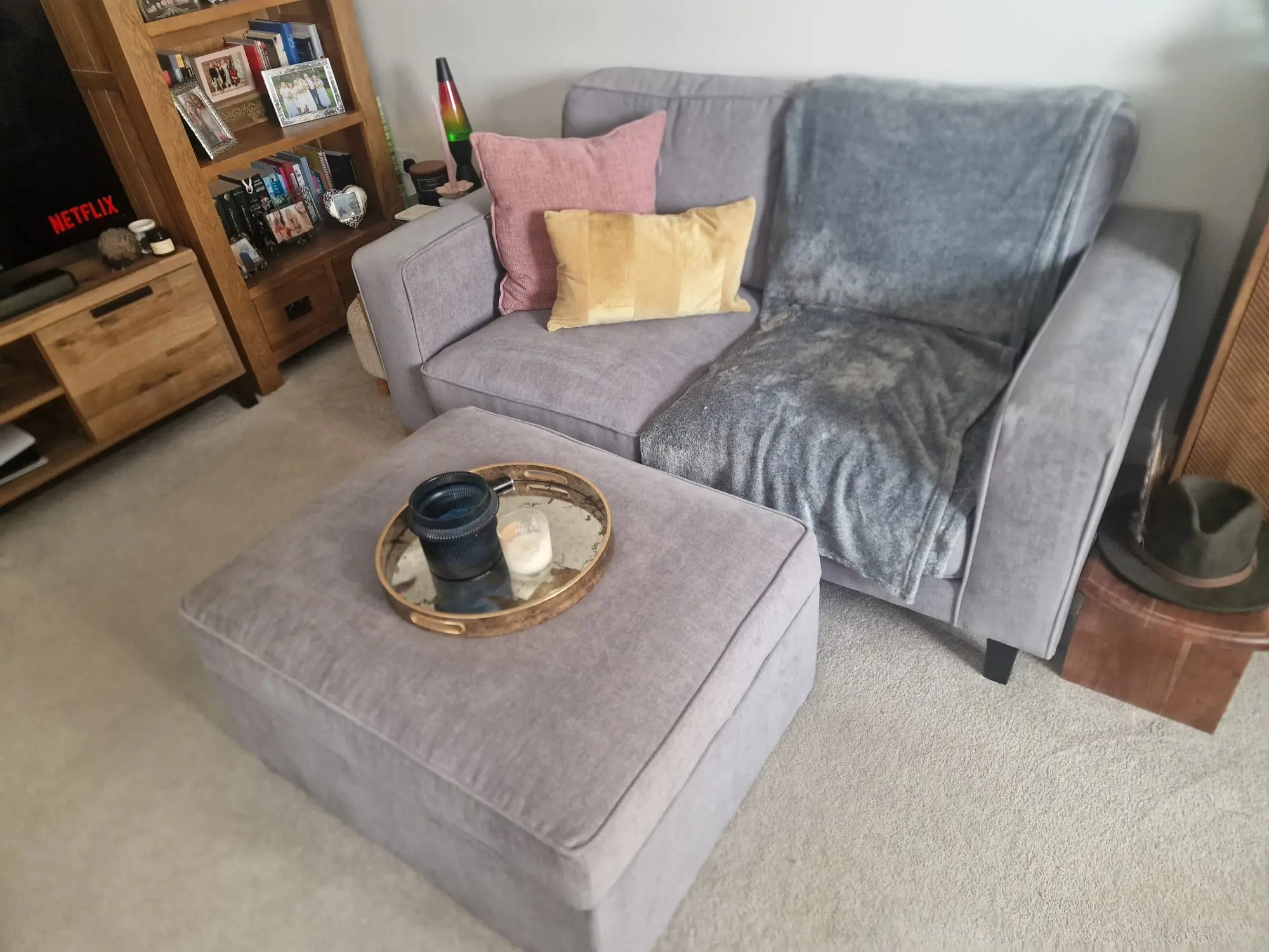 Dusk Grey Chaise Sofa Set With Pouffe