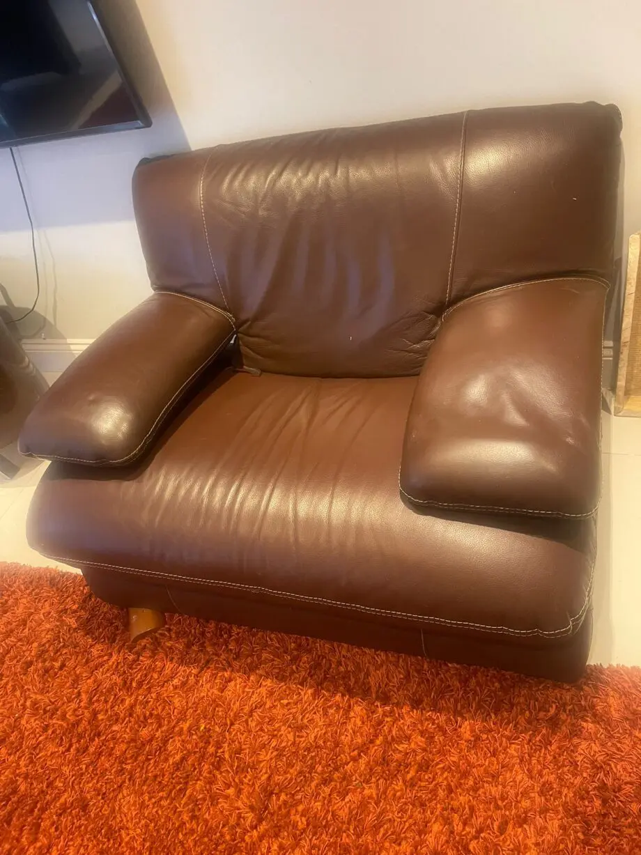 Classic Brown Leather Sofa Suite: Armchair & Footstool