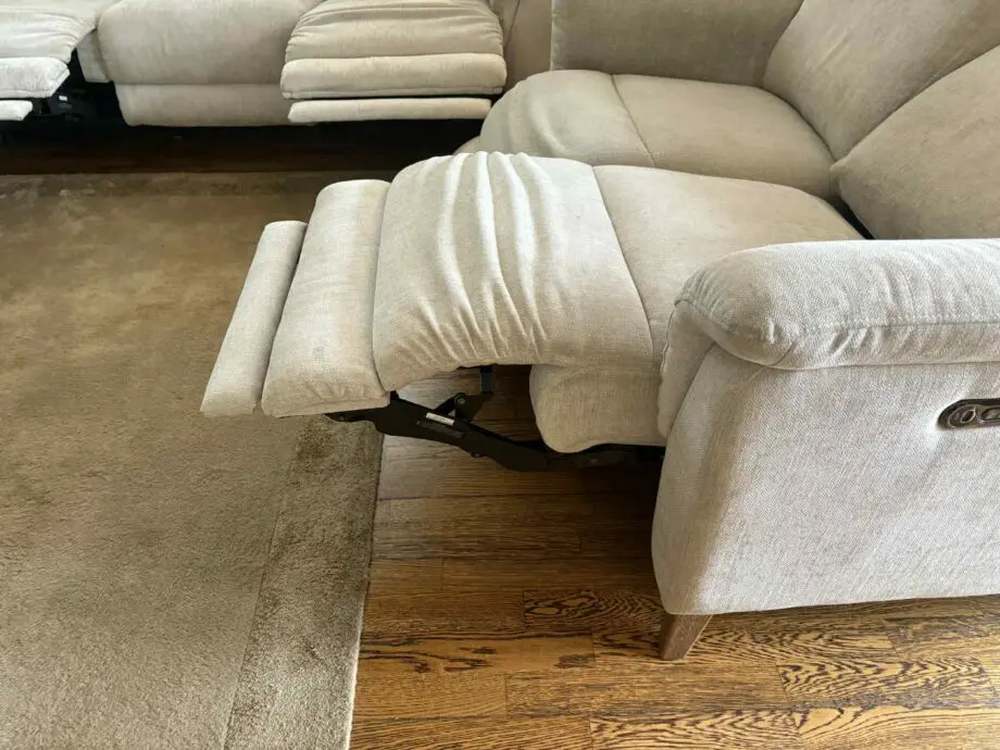 FAB Furniture beige/light peach/ oatmeal .Fabric 3 and 2 seater reclining settee’s with usb ports(sofa set)