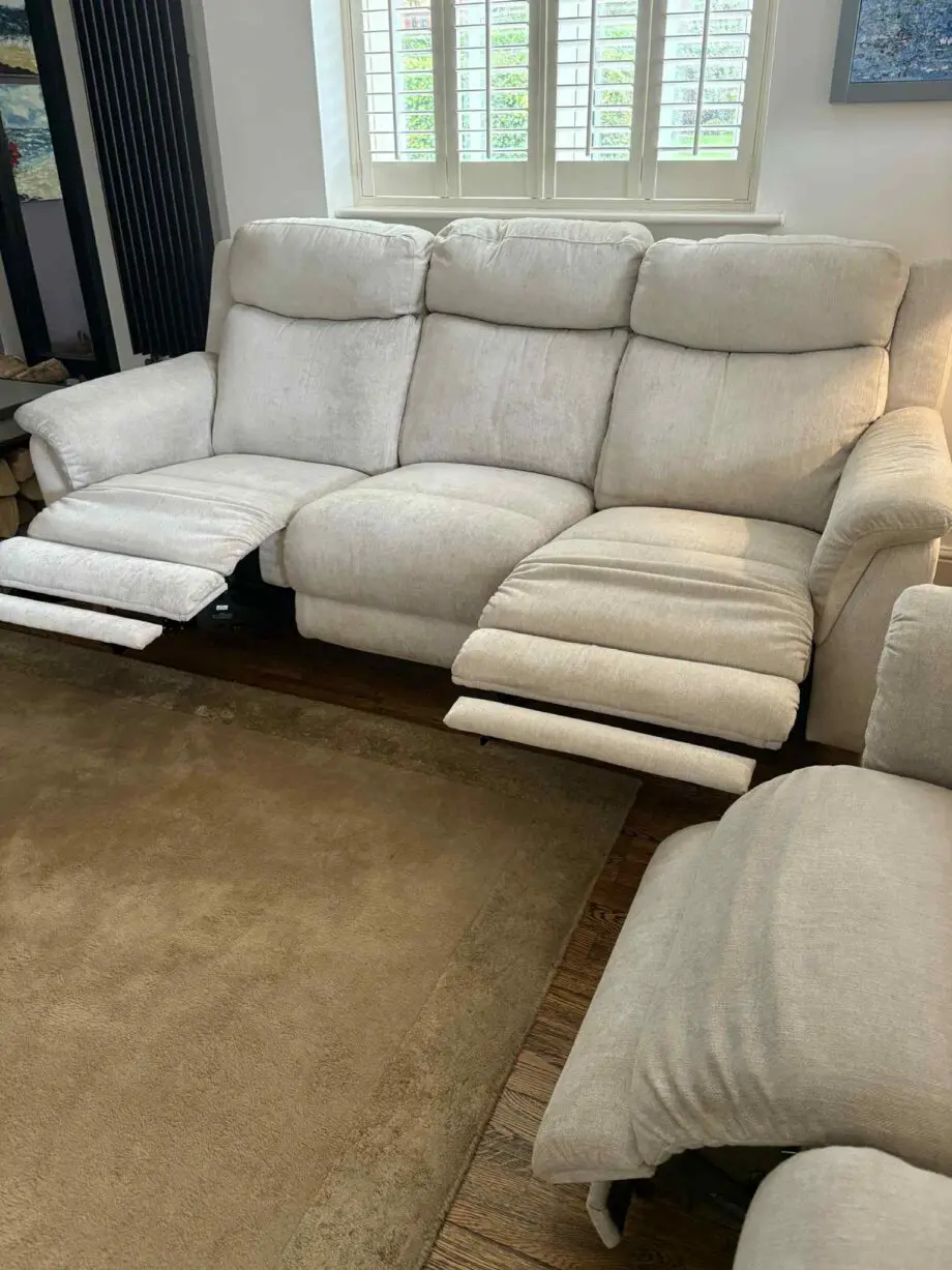 FAB Furniture beige/light peach/ oatmeal .Fabric 3 and 2 seater reclining settee’s with usb ports(sofa set)