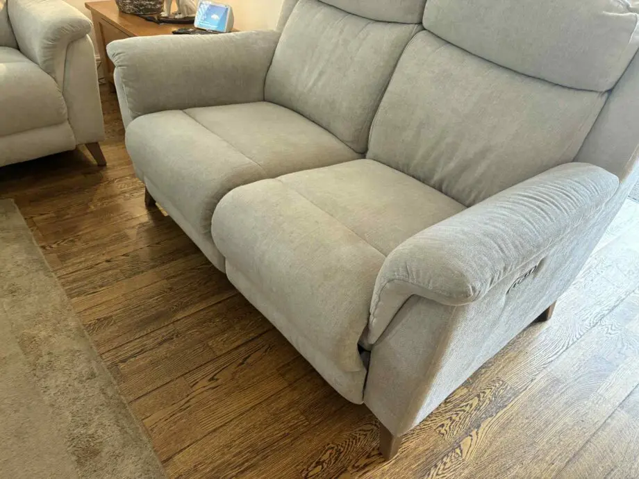 FAB Furniture beige/light peach/ oatmeal .Fabric 3 and 2 seater reclining settee’s with usb ports(sofa set)