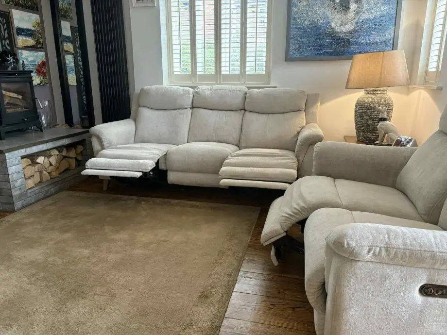 FAB Furniture beige/light peach/ oatmeal .Fabric 3 and 2 seater reclining settee’s with usb ports(sofa set)