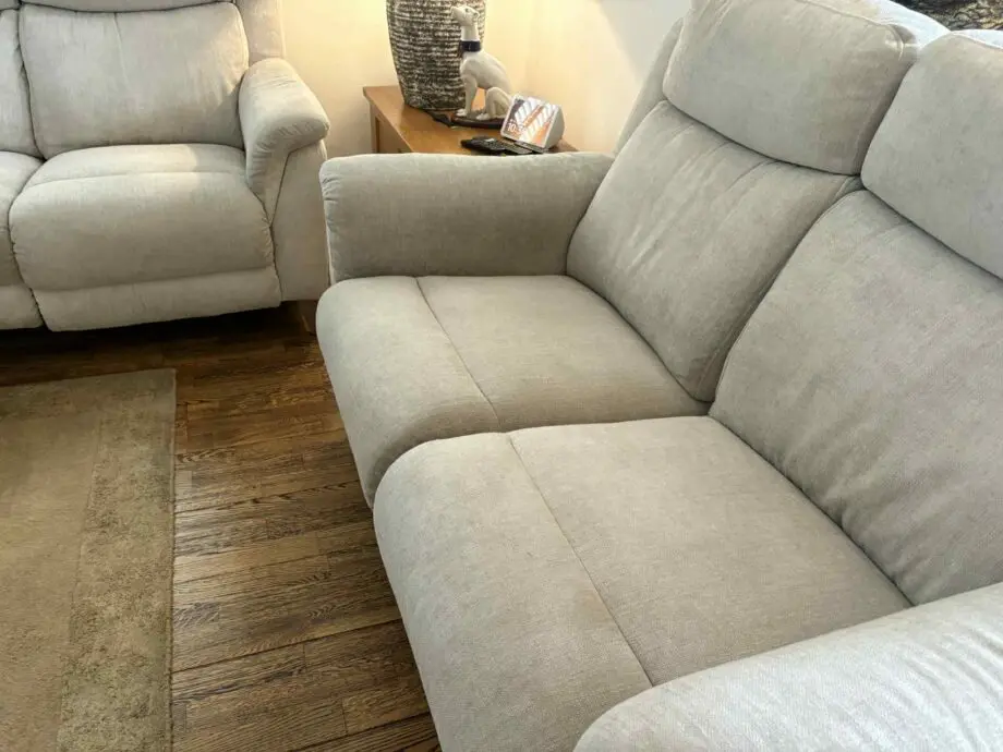 FAB Furniture beige/light peach/ oatmeal .Fabric 3 and 2 seater reclining settee’s with usb ports(sofa set)