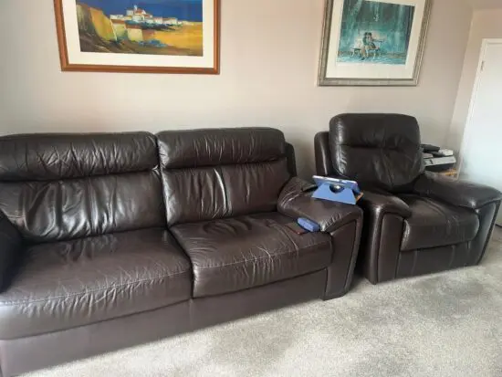 DFS Brown leather Sofa & Reclining Armchair