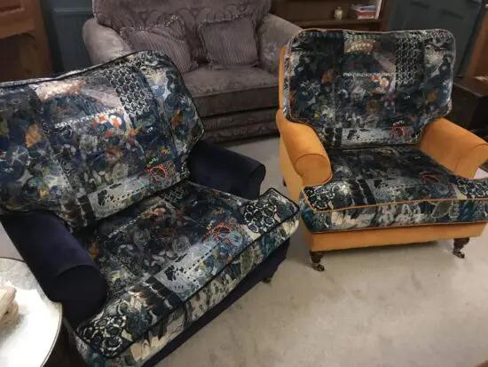 Quality Comfortable velvet chairs in orange and blue