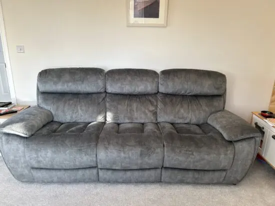 Sofology Radleigh velvet grey 3 seater sofa with 3 electric reclining chairs