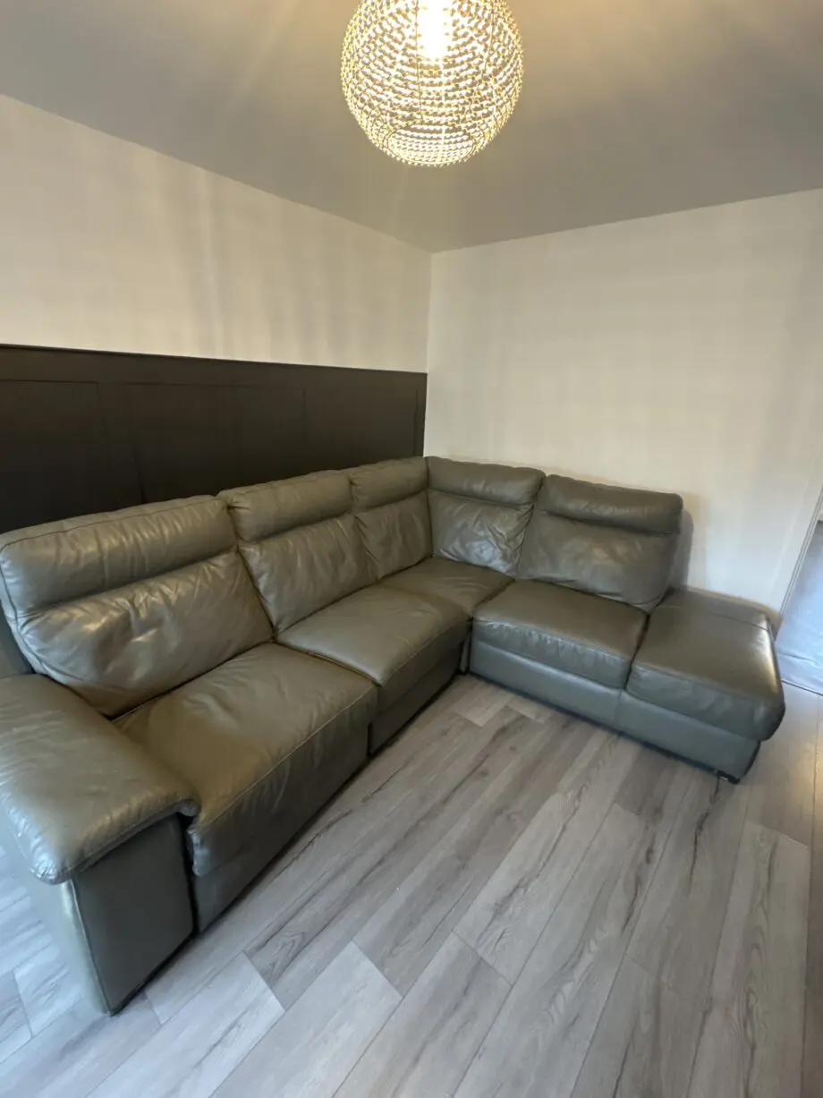 DFS leather corner sofa dark green/grey