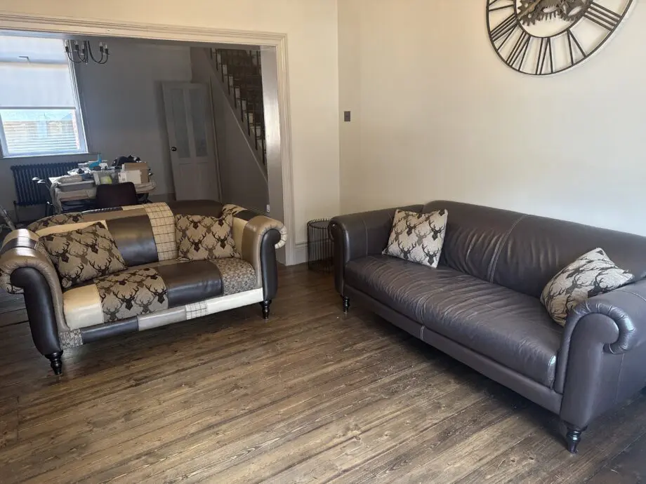 DFS 3 and 2 seater sofas. 3 seater Brown leather and 2 seater patchwork. Coordinated pieces