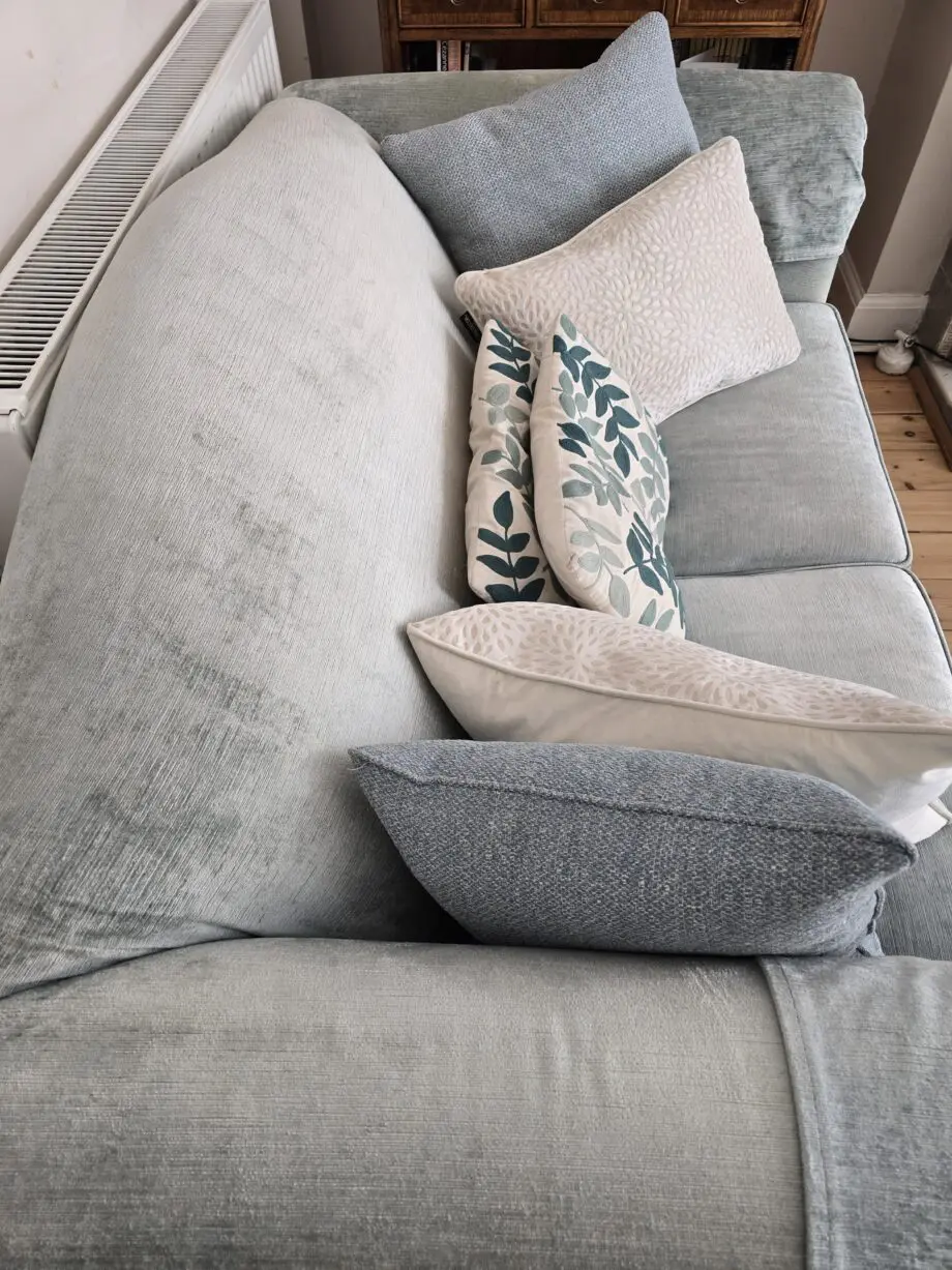 Laura Ashley Gloucester duck egg blue velvet with new seat cushions. Solid frame.