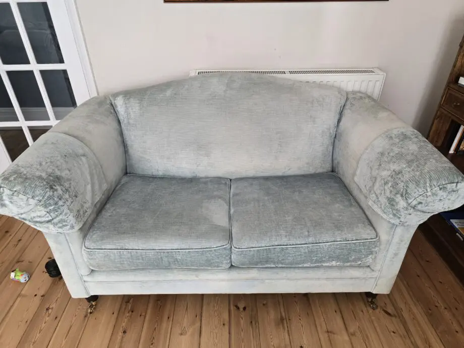 Laura Ashley Gloucester duck egg blue velvet with new seat cushions. Solid frame.