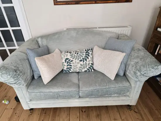 Laura Ashley Gloucester duck egg blue velvet with new seat cushions. Solid frame.
