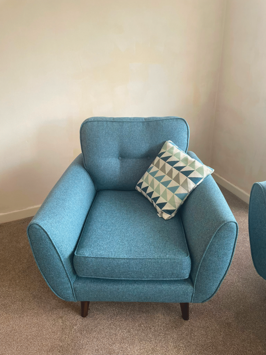 DFS French Connection Zinc three-seat sofa and two chairs in teal, and scatter cushions
