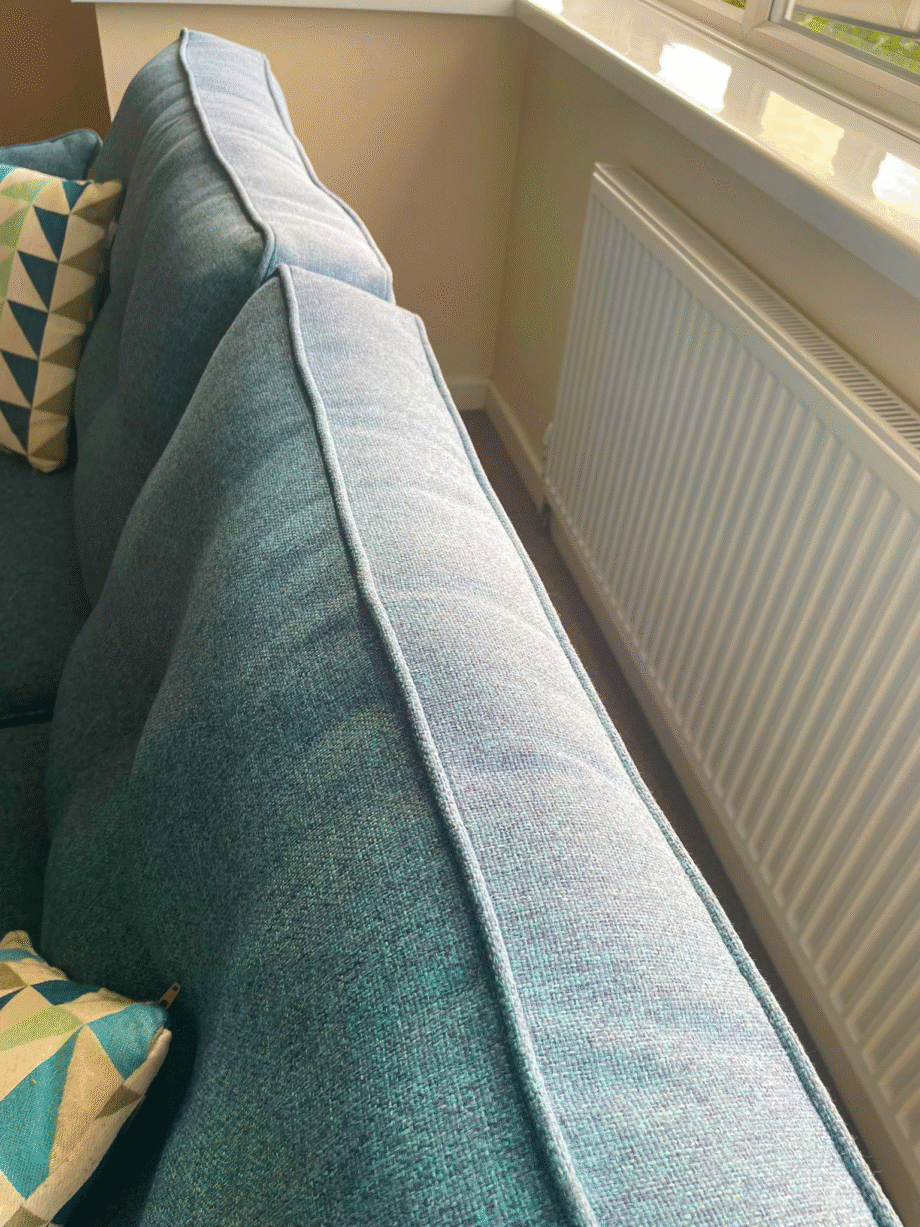 DFS French Connection Zinc three-seat sofa and two chairs in teal, and scatter cushions