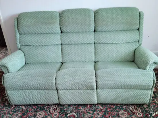 Green and Cream Recliner sofa with two recliner chairs