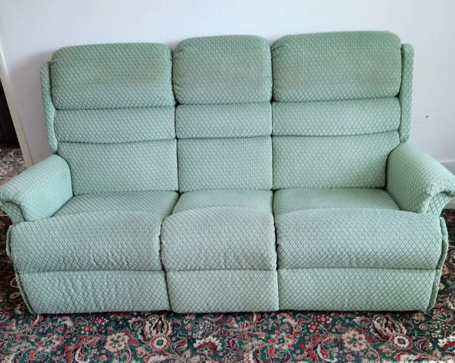 Green and Cream Recliner sofa with two recliner chairs