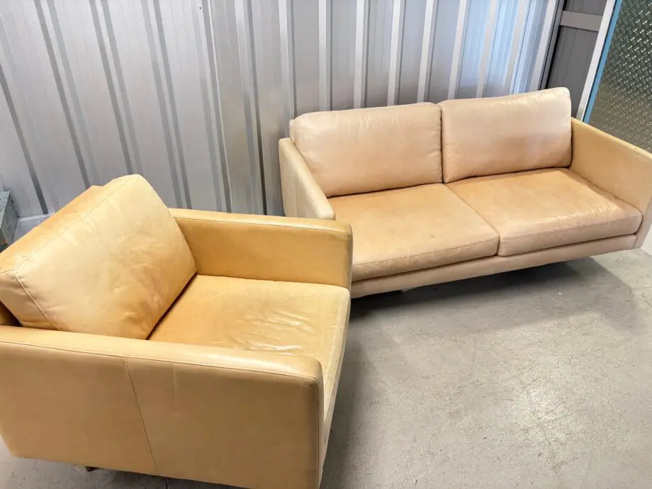 Italian leather, light tan designer sofa and chair (brass legs)