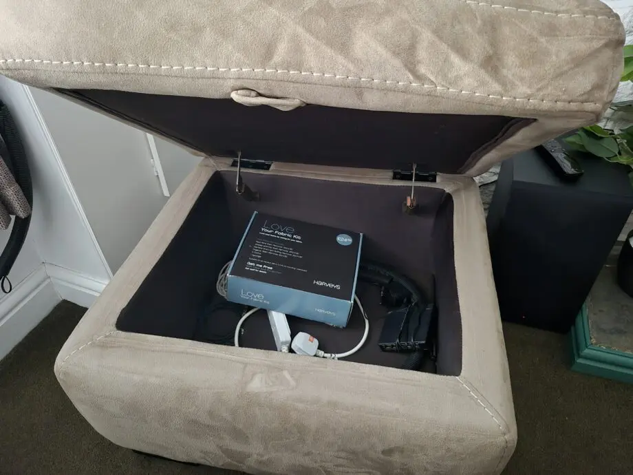 Reclining sofa and chair with storage foot stool