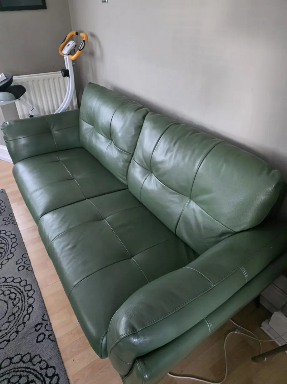 DFS Green leather 3 and 2 seater sofas.