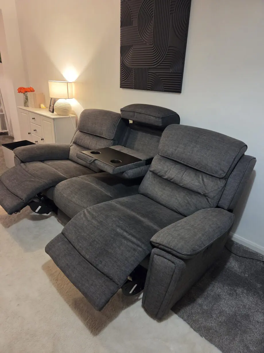 Dfs lawson 3 seater power recliner and table.