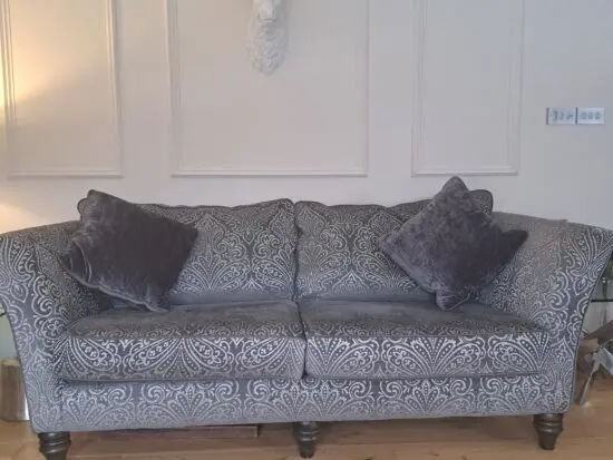 Grey & silver 3 & 2 seater sofas with 2 cushions on the seat and back
