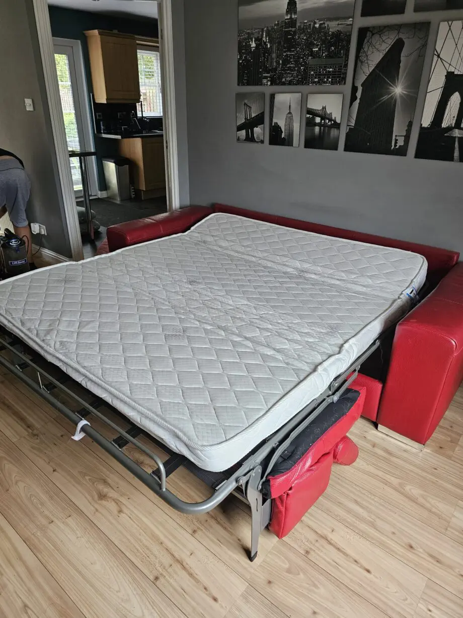 DFS Large Red Leather Sofa Bed